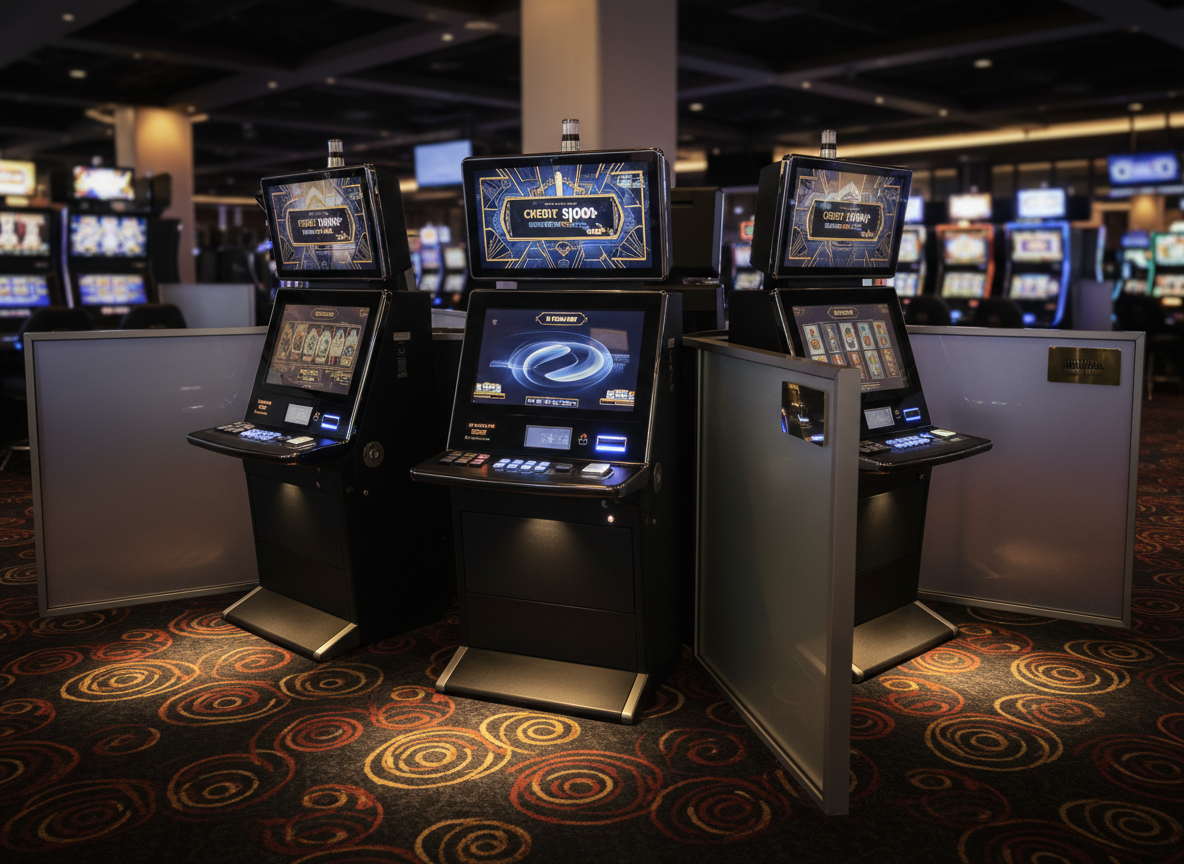 A quiet corner of the gaming room featuring a small cluster of high-denomination slot machines set in a semi-circle, each with understated, elegant graphic themes and minimal distraction. The area is bounded by low frosted-glass partitions with brushed aluminum frames, giving a sense of privacy without feeling closed in. Warm, focused downlights illuminate the machines, creating soft pools of light on the dark, patterned carpet and subtle shadows behind the cabinets. Photographic realism, captured from a slightly elevated, three-quarter view to show the arrangement and comfortable spacing. The mood is calm, exclusive, and highly professional, highlighting a premium section for serious cash play within the larger Hot Wheels Game Room business.