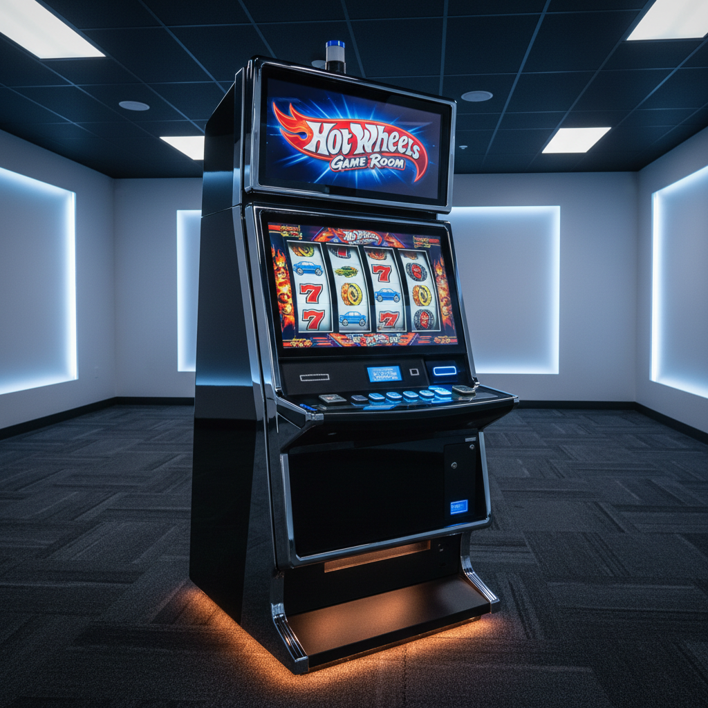 A sleek, high-end slot machine cabinet with a glossy black finish and chrome trim, its vibrant digital reels displaying crisp symbols of cars, flaming tires, and neon sevens. The machine stands alone in a spotless game room with dark carpet and subtle geometric patterns, framed by softly glowing LED accent strips along the walls. Cool white overhead lighting and warm under-cabinet lights create defined highlights on the reflective surfaces and a professional, polished ambiance. Shot at eye level with a slight three-quarter angle, sharp focus throughout, emphasizing brandable “Hot Wheels Game Room” signage on the top display. Photographic realism, clean and modern, conveying a trustworthy, upscale cash-payout gaming environment, open and inviting without any human presence.