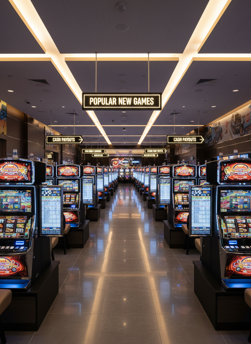 A wide, panoramic view of a modern gaming floor lined with uniform rows of slot machines themed around racing and hot rods, each with illuminated buttons, crisp LCD screens, and neatly displayed payout tables. The room features dark wood wall panels, subtle metallic accents, and a low-profile ceiling with recessed warm-white LEDs casting even, non-harsh lighting. Soft reflections shimmer on the polished tile floor, and overhead signage clearly indicates “Popular New Games” and “Cash Payouts” in professional typography. Photographic realism, shot from a slightly elevated angle with deep focus, creating a sense of order, reliability, and seven-days-a-week accessibility, while keeping the scene entirely free of people for a clean, business-focused presentation.