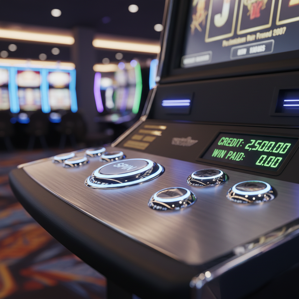 A close-up, detailed shot of a slot machine control panel, highlighting high-quality chrome-plated buttons, a smooth illuminated spin button, and a crisp, easy-to-read digital credit display showing a generous balance. The surrounding cabinet surface has a brushed metal texture with subtle reflections from overhead warm LED lighting. In the softly blurred background, multiple other machines form bands of color and light, suggesting a full game room without showing any people. Photographic realism with shallow depth of field, captured from a low, slightly angled perspective to emphasize tactile detail and solid construction. The mood is professional and confident, underscoring security, cash payouts, and modern game technology in a clean, well-maintained environment.