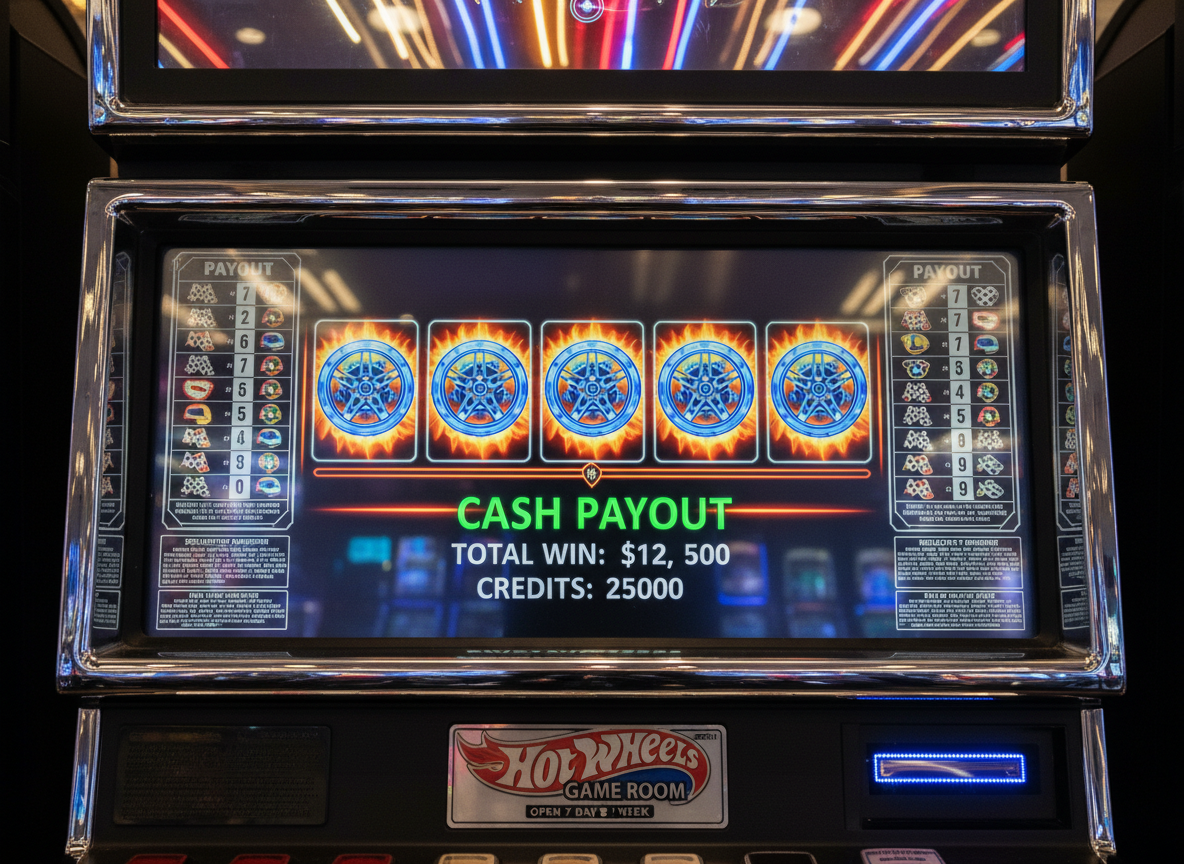A close, detailed shot of a slot machine payout screen displaying a recent winning combination of racing-themed symbols—glowing wheels aligned across the central payline—with a clearly readable “Cash Payout” notification and tidy win summary. The LCD screen is bright and crisp, framed by reflective chrome bezels lightly catching overhead light. The surrounding area includes neatly printed payout tables and regulatory information, reinforcing a sense of legitimacy and professionalism. Background slot machines are rendered as soft bokeh streaks of colored light, keeping the focus on the payout. Photographic realism, eye-level composition with a slight tilt, conveying excitement in a controlled, trustworthy environment at Hot Wheels Game Room, open seven days a week.
