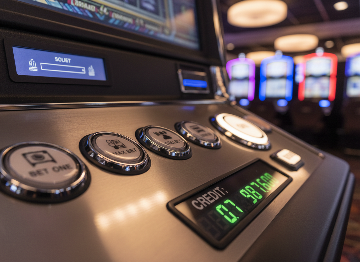 A close-up, detailed shot of a slot machine control panel, highlighting high-quality chrome-plated buttons, a smooth illuminated spin button, and a crisp, easy-to-read digital credit display showing a generous balance. The surrounding cabinet surface has a brushed metal texture with subtle reflections from overhead warm LED lighting. In the softly blurred background, multiple other machines form bands of color and light, suggesting a full game room without showing any people. Photographic realism with shallow depth of field, captured from a low, slightly angled perspective to emphasize tactile detail and solid construction. The mood is professional and confident, underscoring security, cash payouts, and modern game technology in a clean, well-maintained environment.