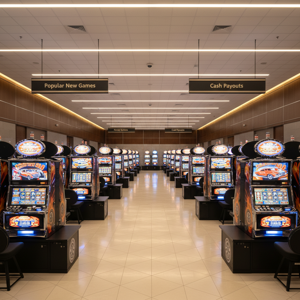 A wide, panoramic view of a modern gaming floor lined with uniform rows of slot machines themed around racing and hot rods, each with illuminated buttons, crisp LCD screens, and neatly displayed payout tables. The room features dark wood wall panels, subtle metallic accents, and a low-profile ceiling with recessed warm-white LEDs casting even, non-harsh lighting. Soft reflections shimmer on the polished tile floor, and overhead signage clearly indicates “Popular New Games” and “Cash Payouts” in professional typography. Photographic realism, shot from a slightly elevated angle with deep focus, creating a sense of order, reliability, and seven-days-a-week accessibility, while keeping the scene entirely free of people for a clean, business-focused presentation.