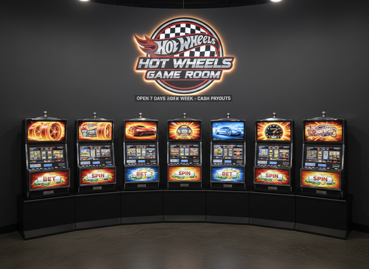 A dedicated “Hot Wheels Game Room” feature wall showcasing a lineup of the latest slot machine titles, each with high-resolution racing-themed artwork on their top boxes: flaming wheels, sleek sports cars, and dynamic speedometer graphics. The machines are arranged in a neat arc against a deep charcoal wall with an illuminated, professionally designed logo sign above them. Soft, even ceiling lighting is complemented by accent LEDs behind the logo, creating a subtle halo effect. Shot straight-on at eye level, photographic realism with sharp focus, emphasizing branding and the concept of “popular new games.” The atmosphere is organized, premium, and businesslike, clearly communicating a specialized slot room open seven days a week for serious players seeking cash payouts.